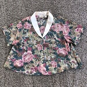 Vintage Victoria's Secret Sheer Pajama Top Womens L Floral Button Up Gold Tag